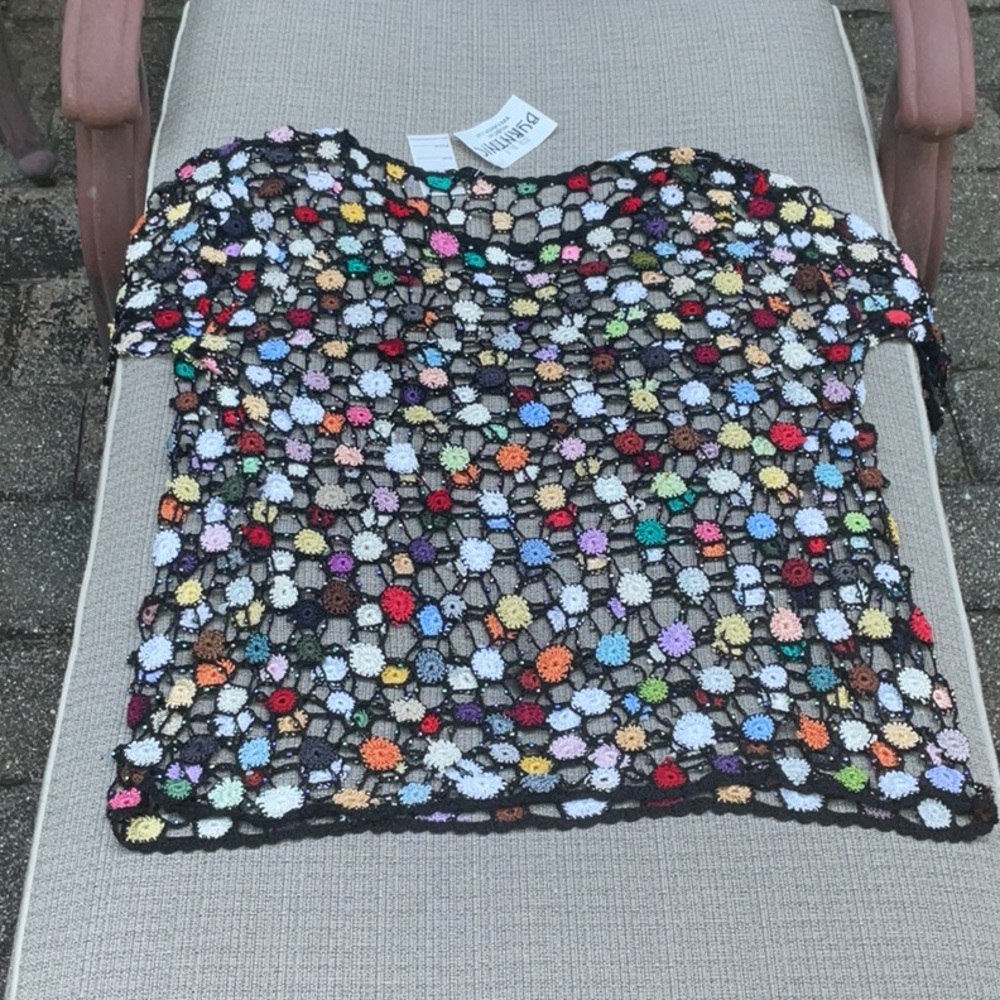 Susan Collection one of a kind Multi Color Crochet and sequin top, XL